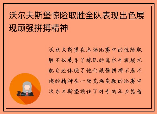 沃尔夫斯堡惊险取胜全队表现出色展现顽强拼搏精神