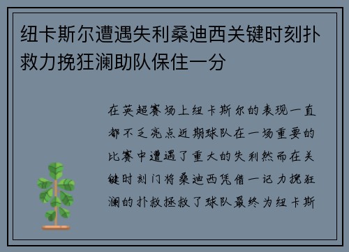 纽卡斯尔遭遇失利桑迪西关键时刻扑救力挽狂澜助队保住一分